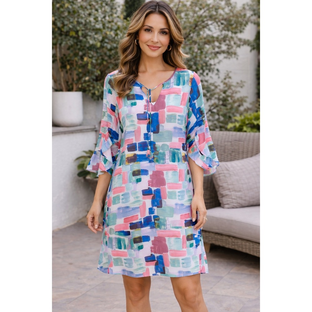 Jade Melody Tam Multi Color Abstract Painting Ruffle Sleeve Shift Dress Size Sma